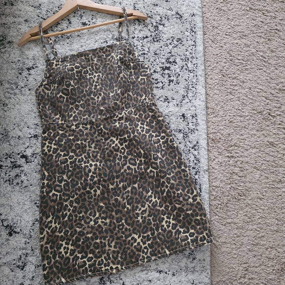 Zara Dresses & Skirts - Zara Denim Leopard Print Spaghetti Strap Mini Dress Womens S Cotton Grunge Boho